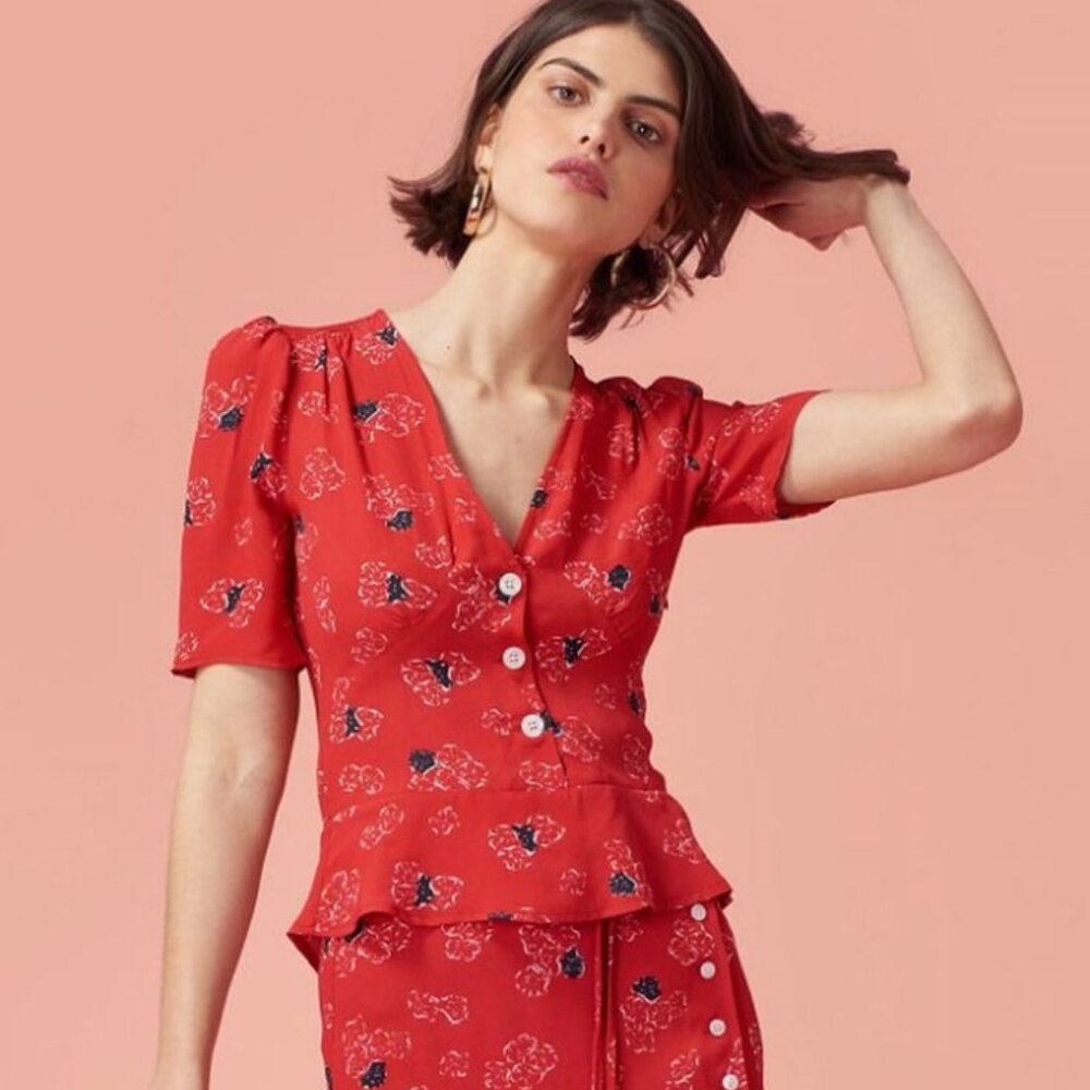 Rouje Red Floral V-Neck Button Peplum Top